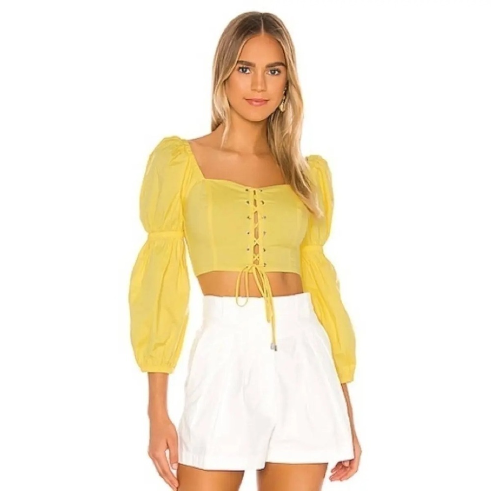 MAJORELLE Sienna Yellow Lace Up Smocked Back Long Sleeve Crop Top Size S